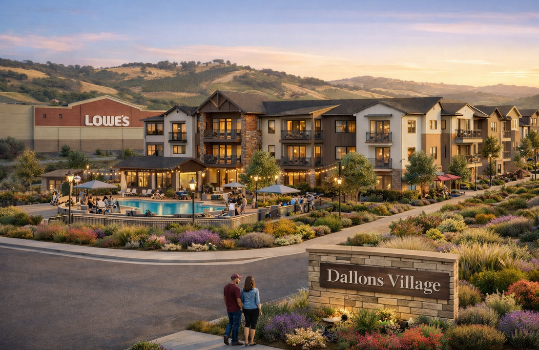 An aerial view of a residential area with trees and houses