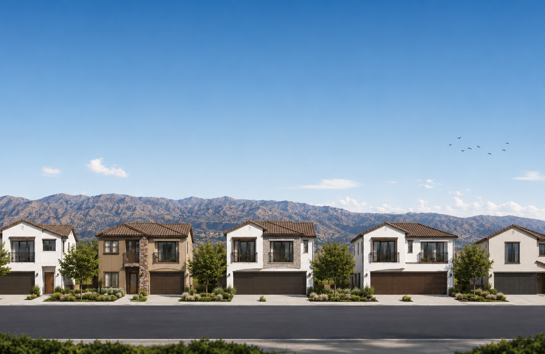 An aerial view of a residential area with a lot of fields and mountains in the background.