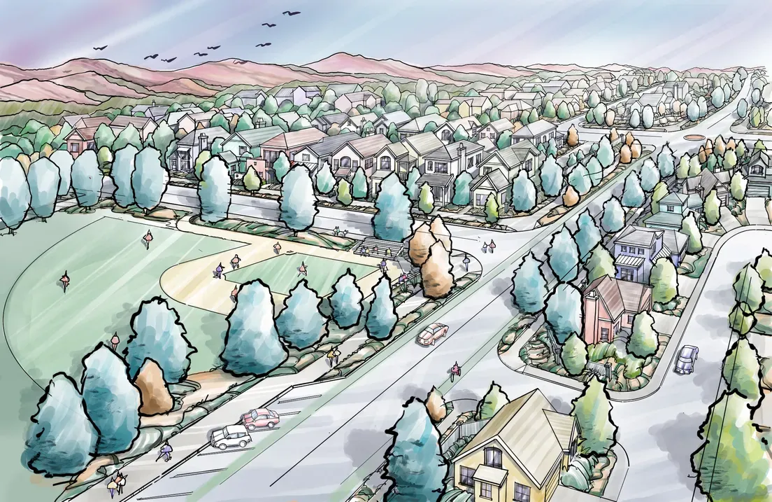 An aerial view of a residential area with trees and houses