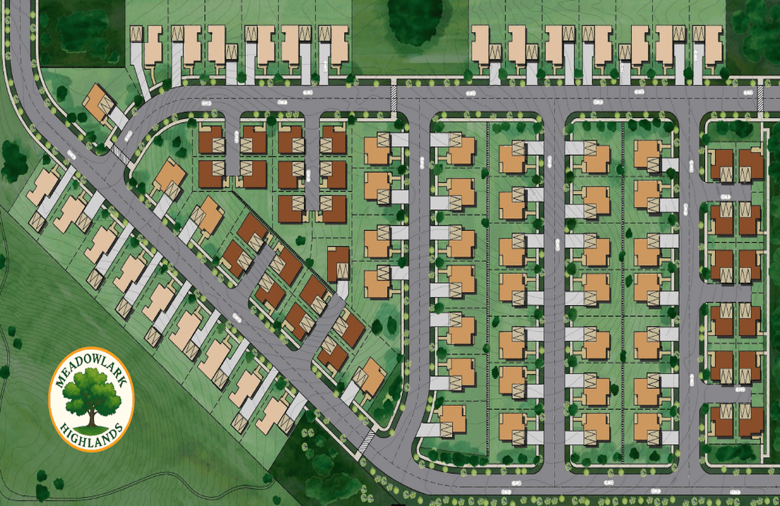 Bird's-eye view of a housing development plan with rows of houses, roads, and green spaces.