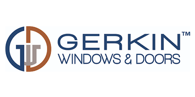 Logo for Gerkin Windows & Doors: a blue and brown circular design with letters, the name in blue.