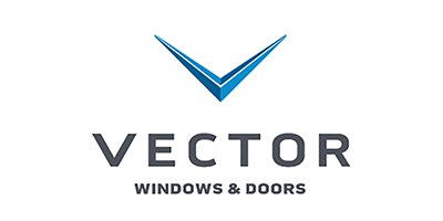 Logo for Vector Windows & Doors; blue checkmark icon above the word VECTOR in gray, and 