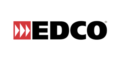 EDCO logo: red and white arrows pointing right within a red square, beside the black letters 