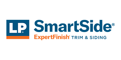 LP SmartSide logo with blue, orange, and white text. It says “SmartSide” and “ExpertFinish Trim & Siding.”