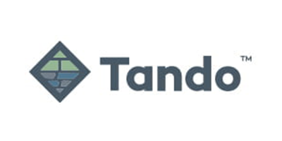 Logo for Tando, featuring a diamond shape with an abstract design and the company name in gray.