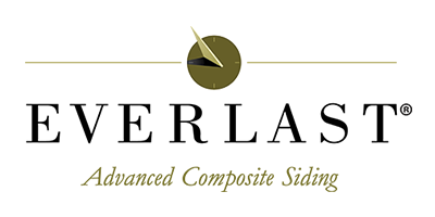 Logo of Everlast Advanced Composite Siding: black text with a compass icon on a beige and white background.