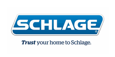 Schlage logo with a blue and white design, and the tagline 