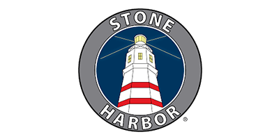 Stone Harbor logo with a lighthouse inside a gray circle, white background.