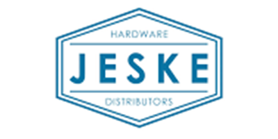 Logo for Jeske Hardware Distributors, blue text and design on a white background.