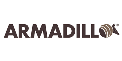 Logo for Armadillo, featuring the brand name in dark brown and a stylized armadillo illustration.