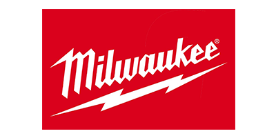 Milwaukee logo: white wordmark and lightning bolt on a red rectangle.