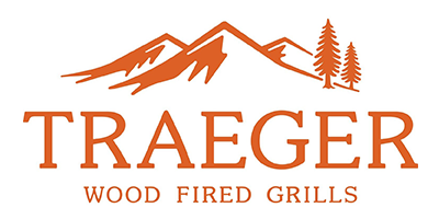 Traeger logo: orange mountains and pine trees above 