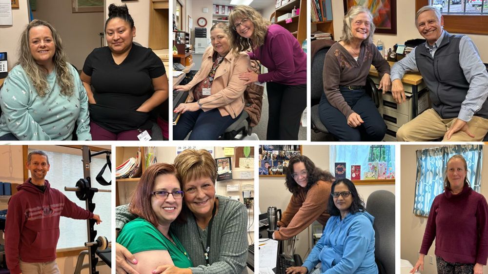 Collage of people smiling and posing in various office settings.