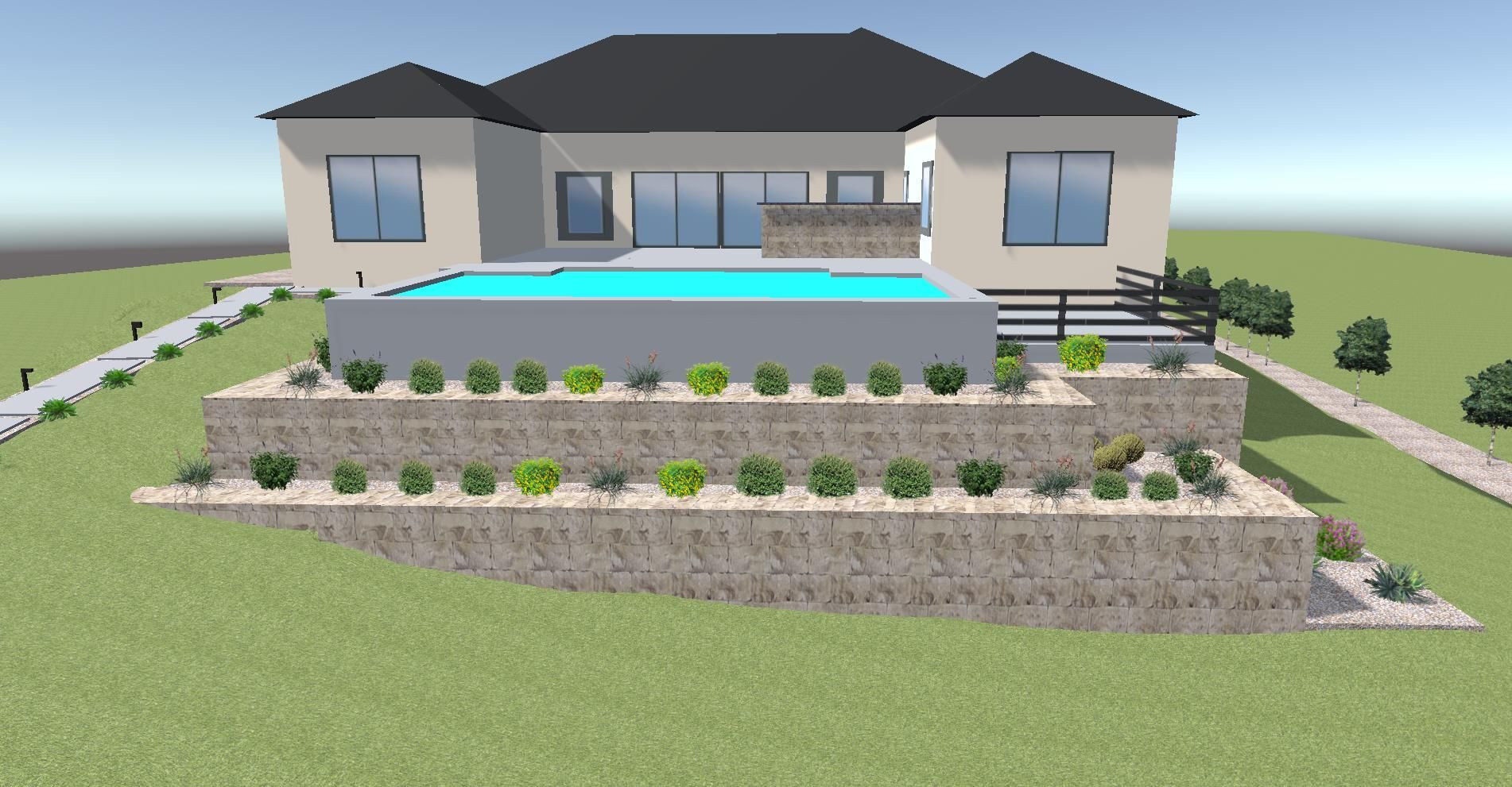 A computer generated image of a house with a swimming pool
