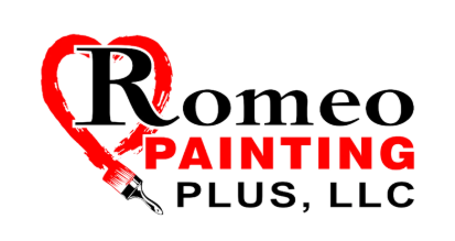 Romeo Painting Plus, LLC logo with a red heart-shaped brush stroke surrounding the word "Romeo".