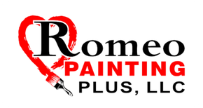 Romeo Painting Plus, LLC logo with a red heart-shaped brush stroke surrounding the word "Romeo".