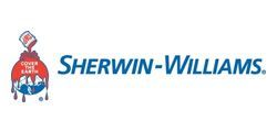 Sherwin-Williams logo: paint can spilling red paint over the globe, with blue text: SHERWIN-WILLIAMS.
