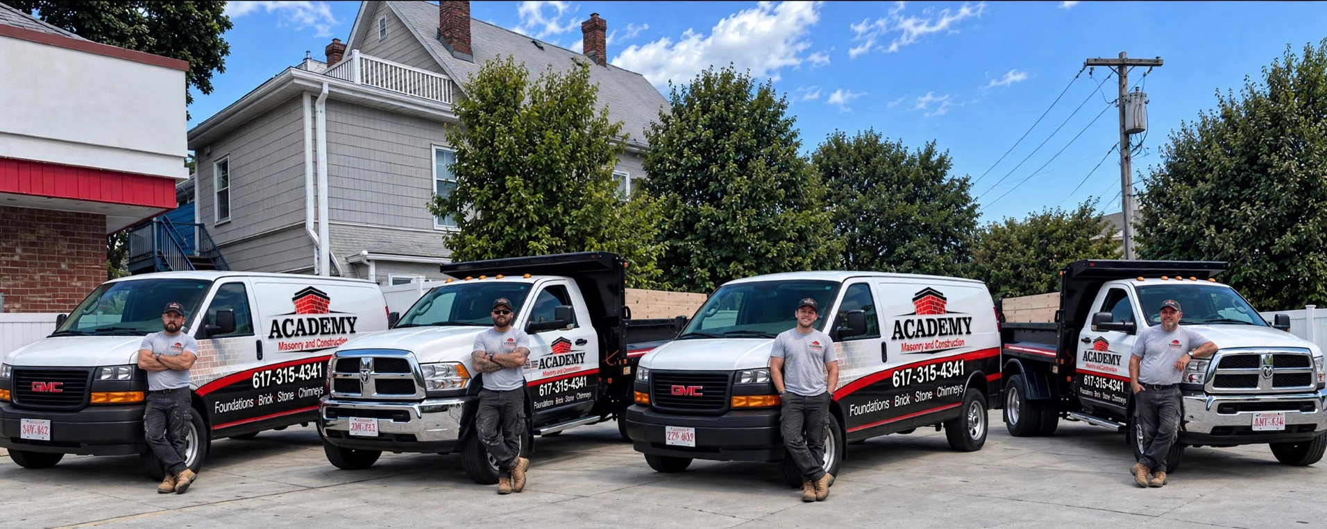 A grey Ford pickup truck branded with 'Academy Masonry and Construction' logos and text on its side.