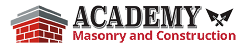 Logo for Academy Masonry and Construction showing a red brick structure with a gray top and crossed masonry trowels.