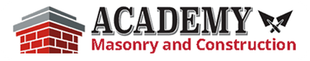 Logo for Academy Masonry and Construction, featuring a brick chimney icon and two crossed masonry trowels.