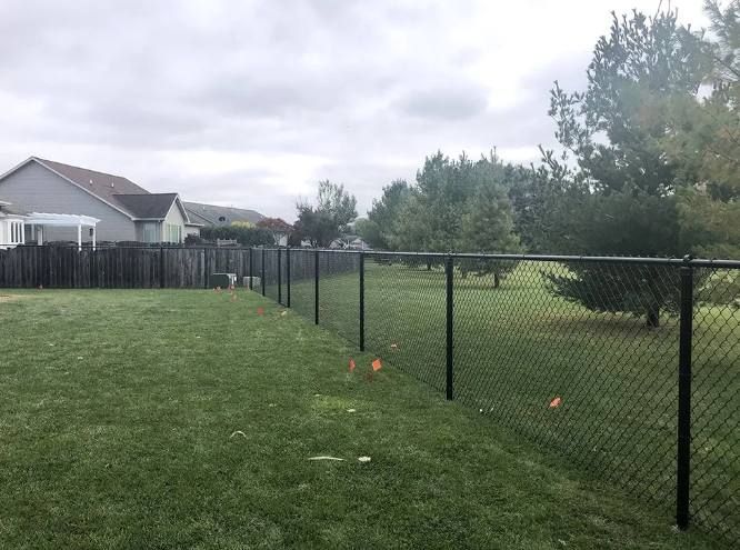 Black chain link fence in a grassy backyard, cloudy sky, houses in the background.