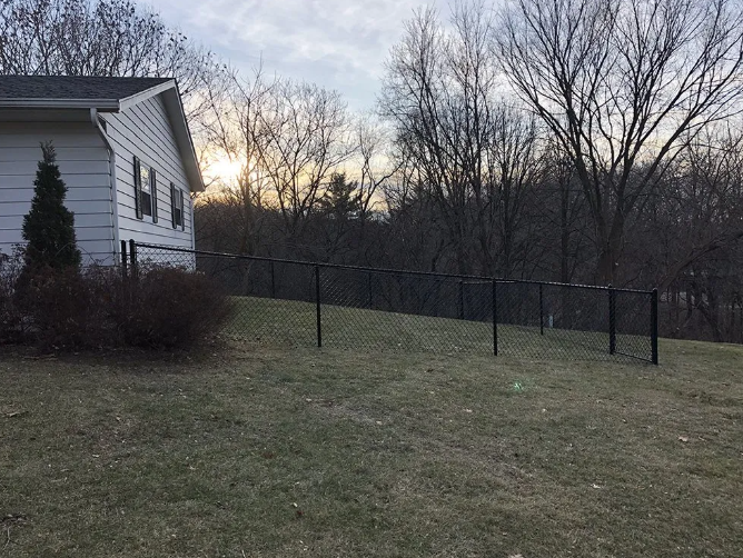 A black chain-link fence lines a grassy backyard next to a white house, trees in the background under a cloudy sky.