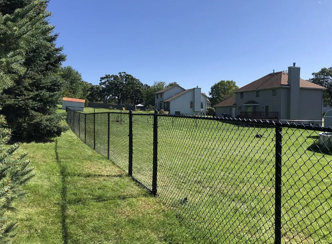 Black chain-link fence in a grassy backyard, with houses visible in the background under a blue sky.