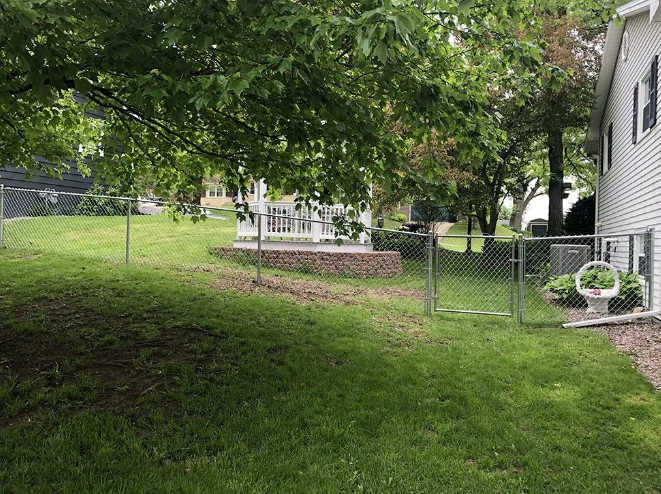 Backyard with a chain-link fence, green lawn, tree, and a small patio area. House visible.