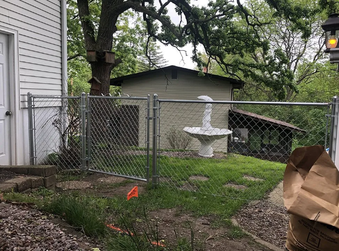 A chain-link fence encloses a backyard with a shed, a birdhouse, and a decorative fountain.