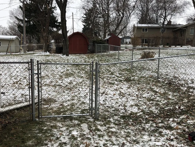 Chain-link fence with gate, snowy backyard with sheds and house in the background.