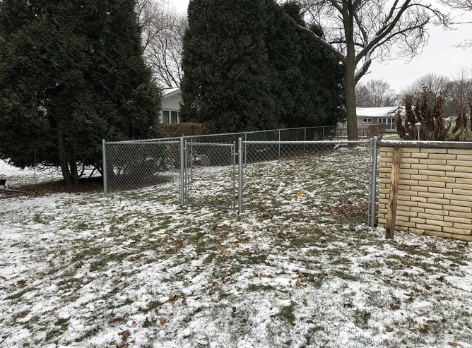 Snowy yard with chain-link fence, brick wall, and evergreen trees.