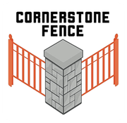 Logo with a gray stone pillar and two orange fence sections; text reads "Cornerstone Fence."