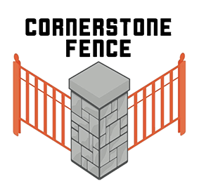 Logo with a gray stone pillar and two orange fence sections; text reads "Cornerstone Fence."