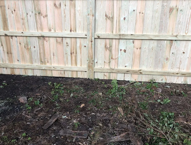 Wooden fence against a bed of dark soil and small green plants.