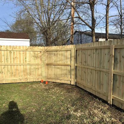 Wooden fence in backyard, green grass, trees in background, sunny day.
