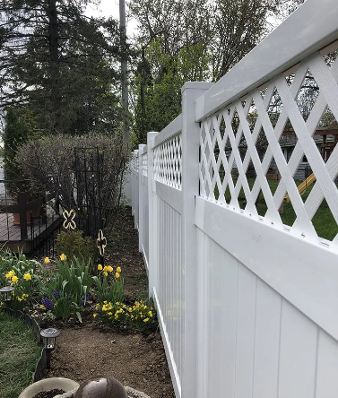 White vinyl fence with lattice top, borders a garden with yellow and green plants.