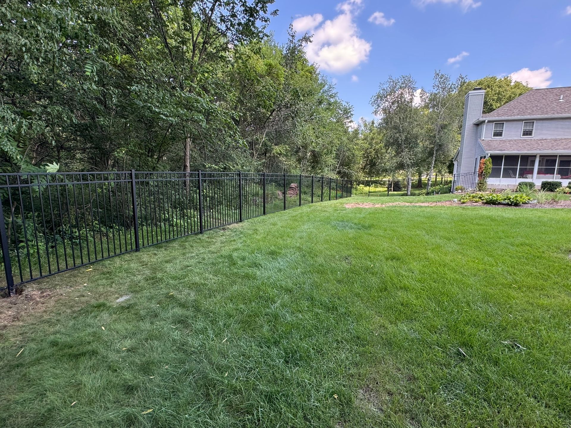 A grassy backyard with a black fence bordering a wooded area and a house in the background.