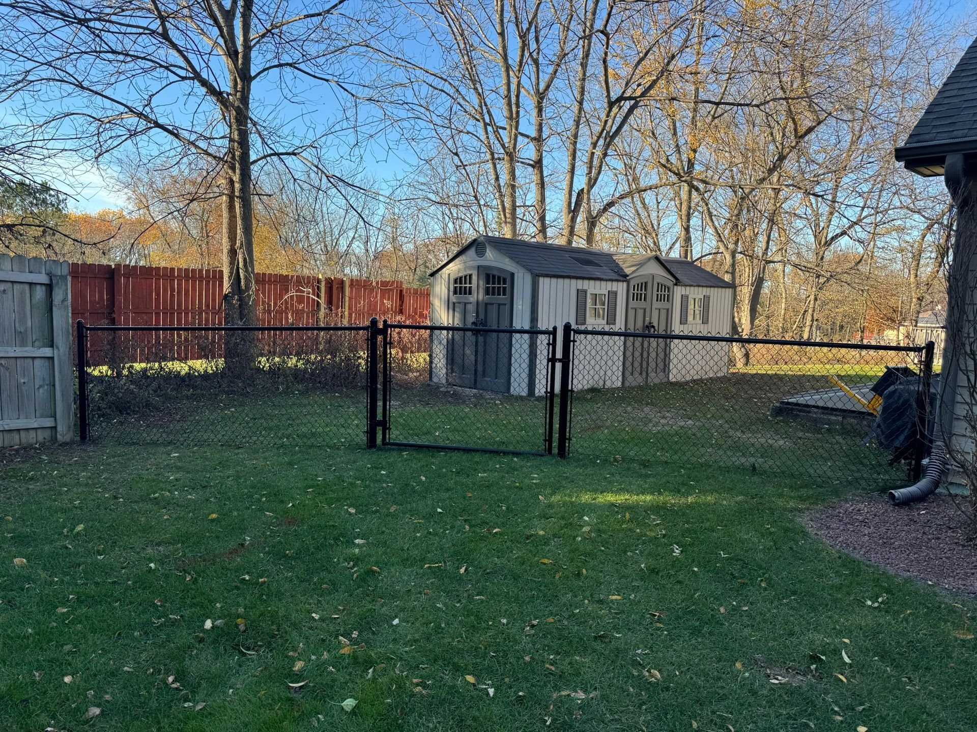 Black chain link fence encloses a green lawn, sheds, and trees against a sky.