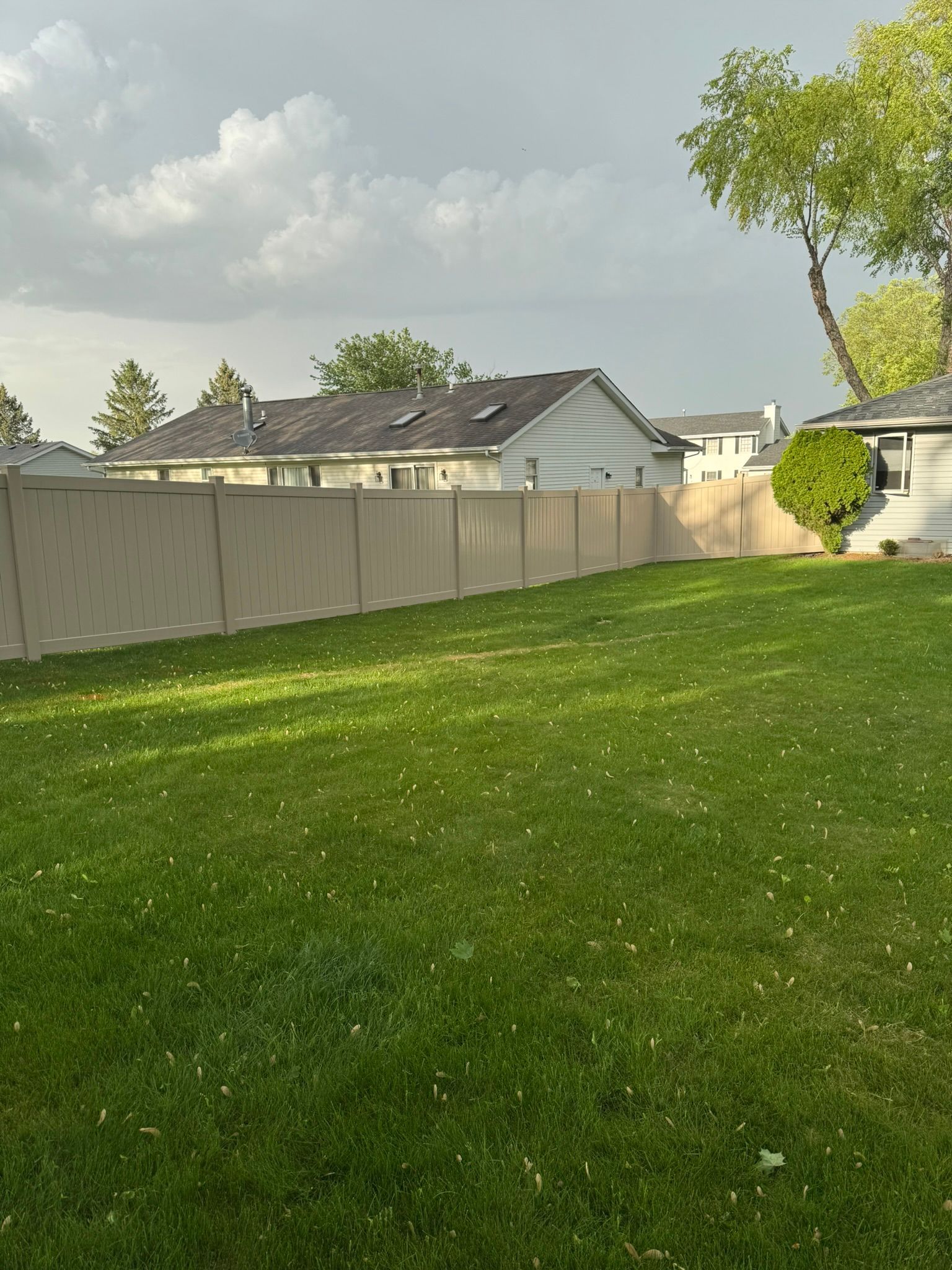 Green backyard with tan fence and cloudy sky.