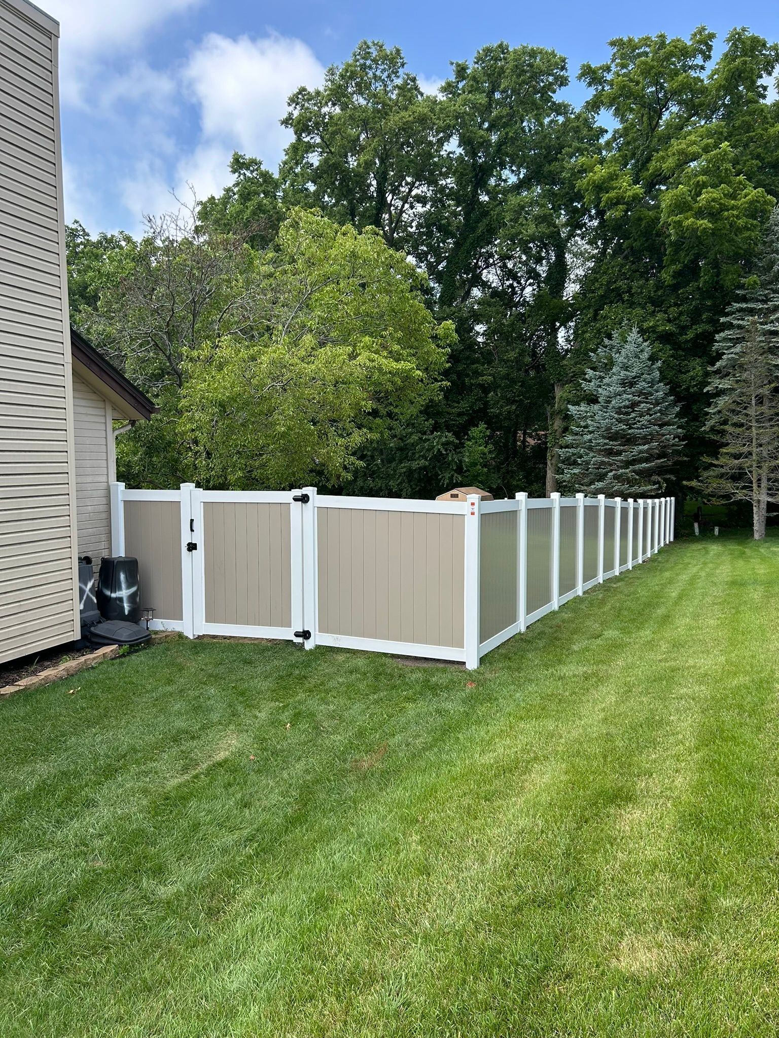 Tan and white fence in a grassy yard, trees in the background.