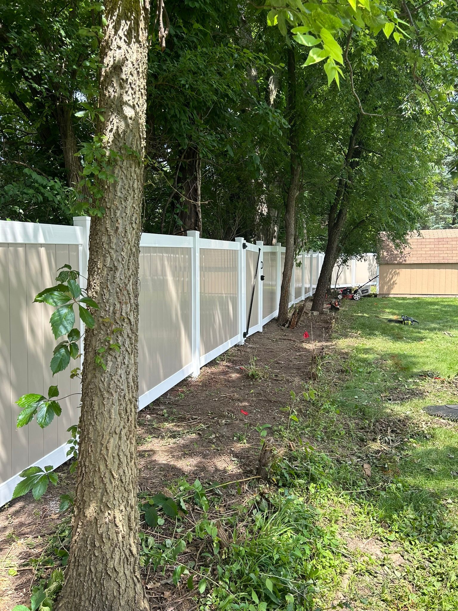 Tan and white vinyl fence lines a yard with trees in front.