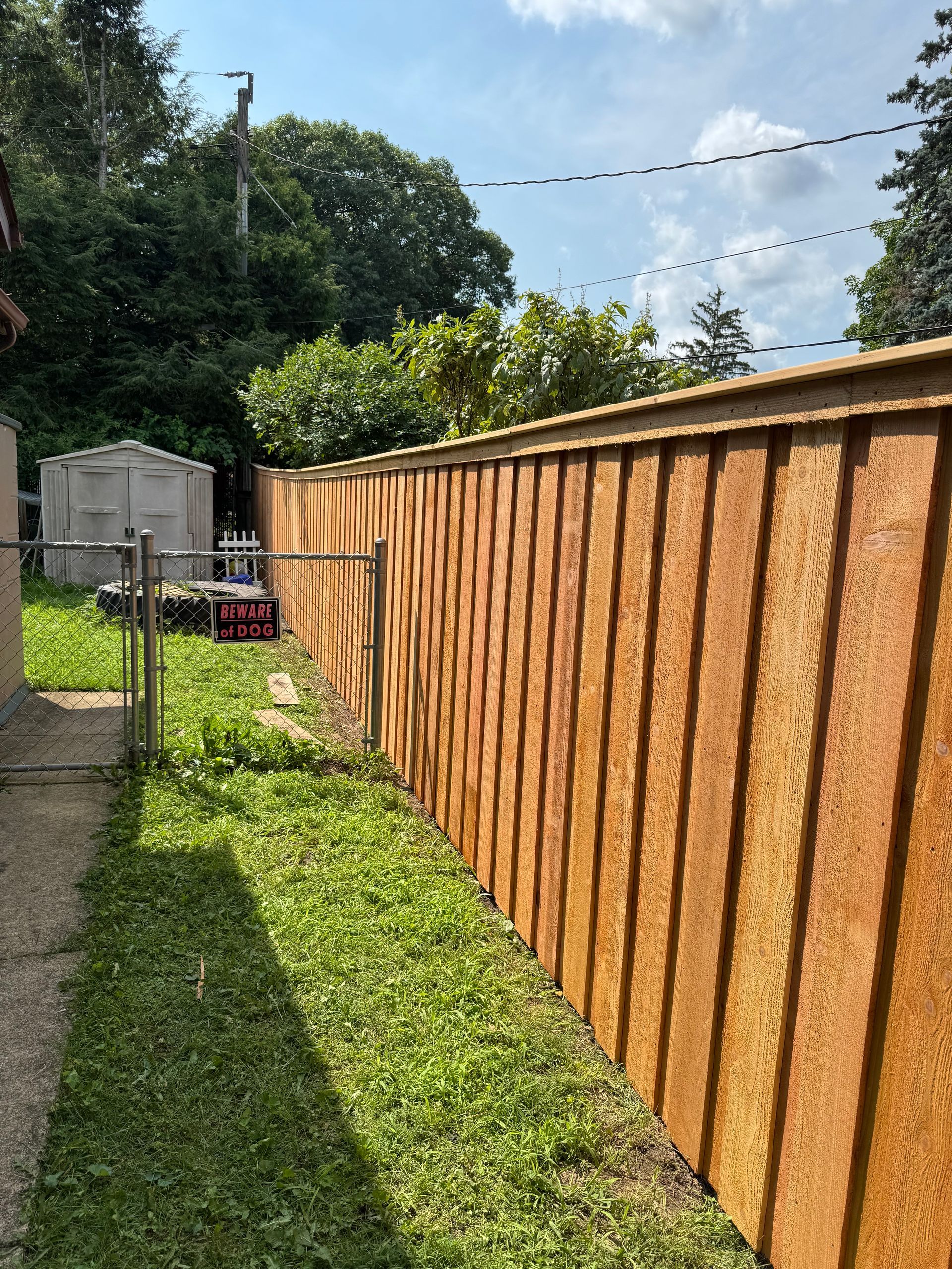 A wooden fence along a grassy yard with a shed in the background under a blue sky.