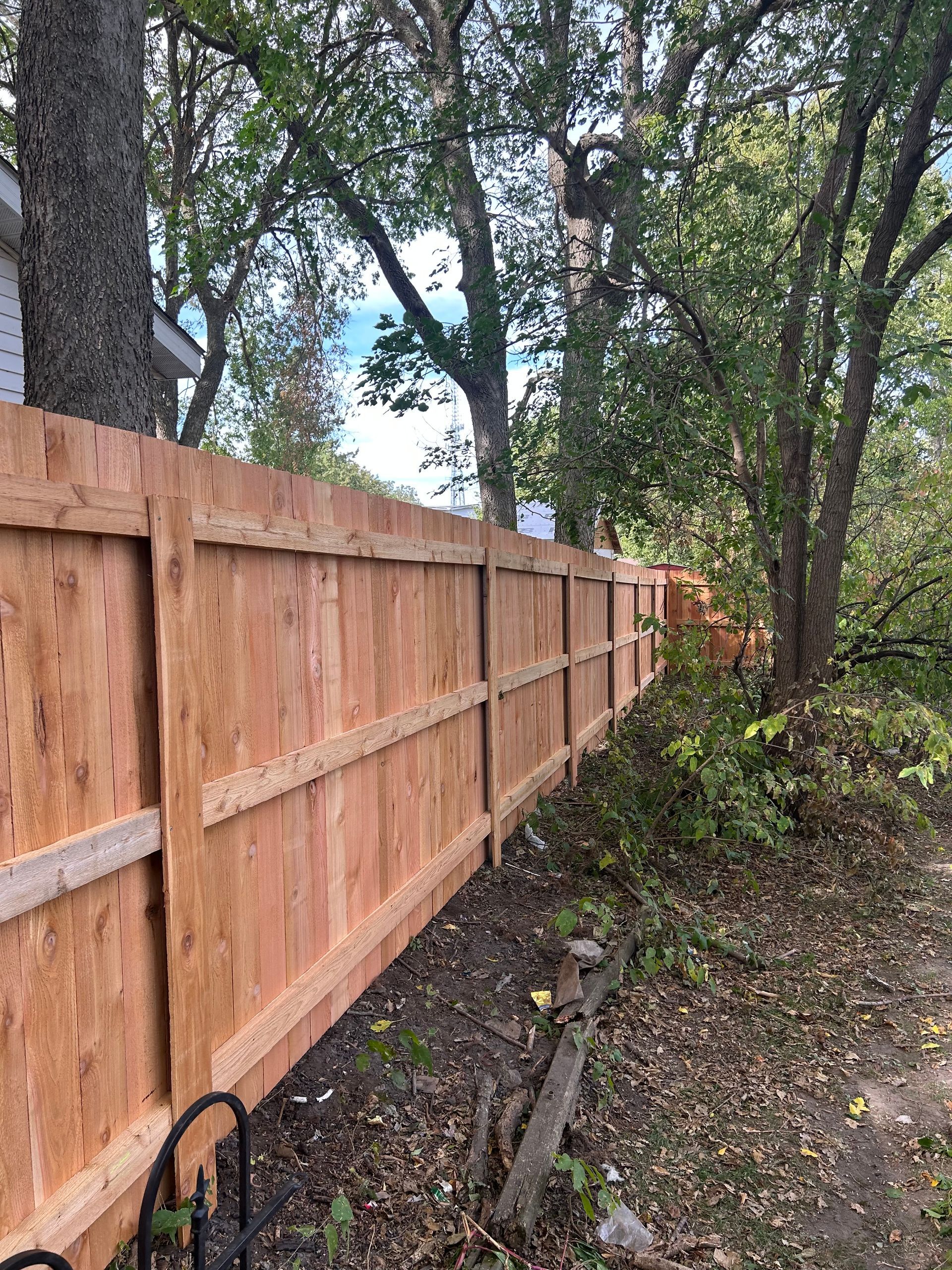 Wooden privacy fence in a backyard, beside trees.