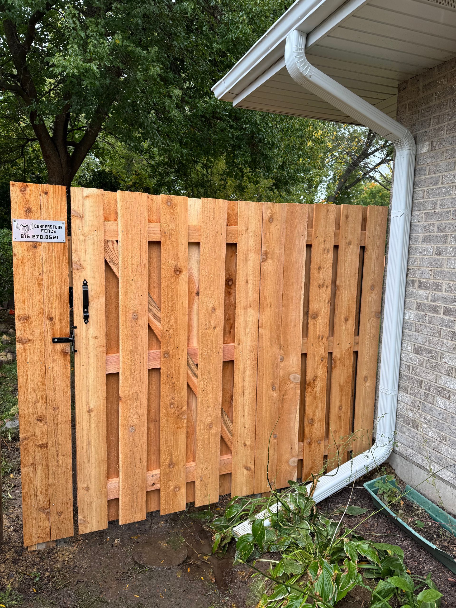 Wooden fence with gate next to a brick building and white downspout; green plants in front.