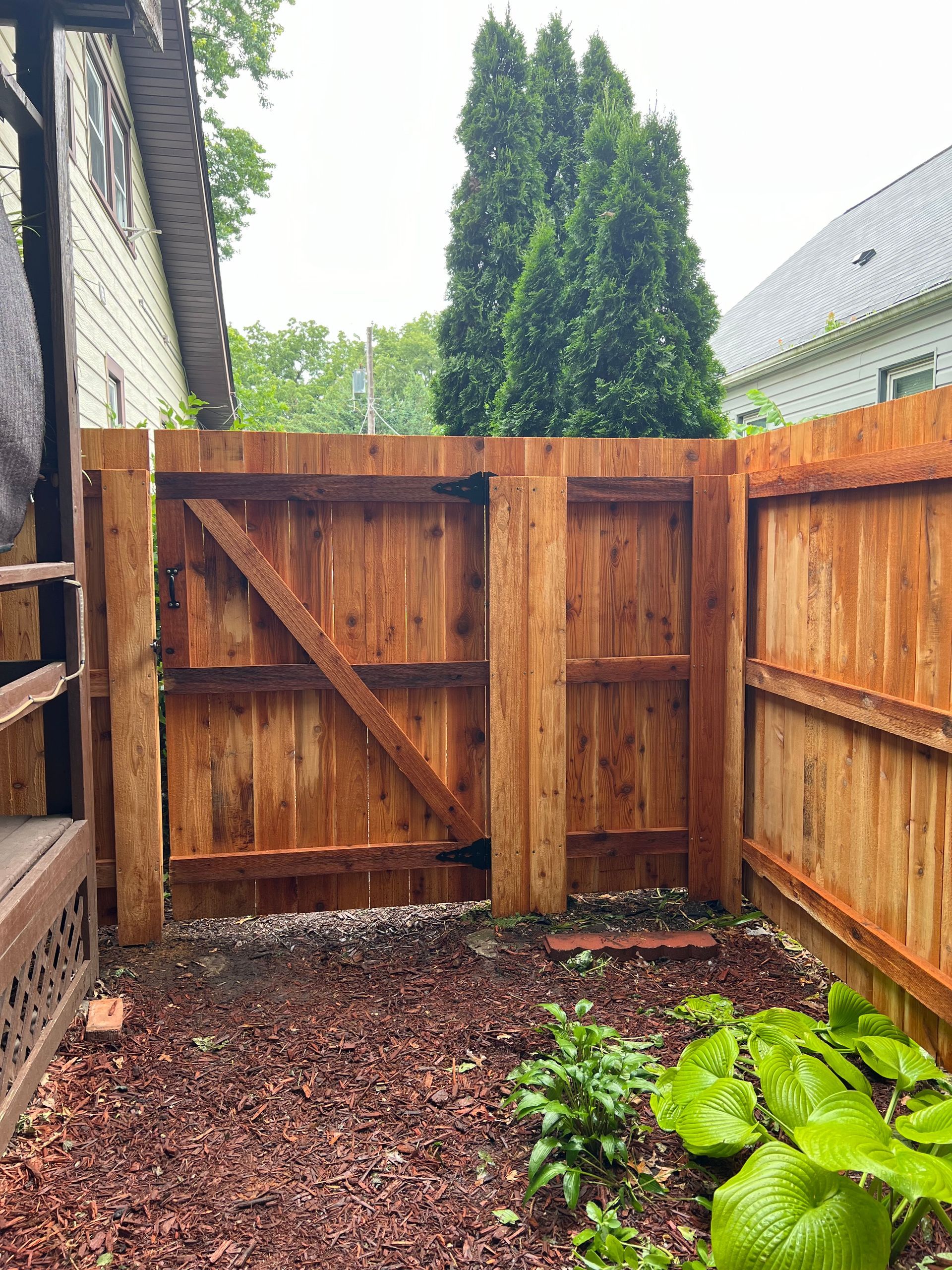 Wooden gate in a backyard, flanked by a wooden fence. The yard has brown mulch and green plants.