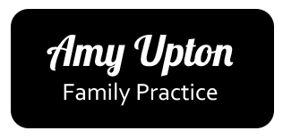 Black rectangular badge with white text: "Amy Upton" and "Family Practice".