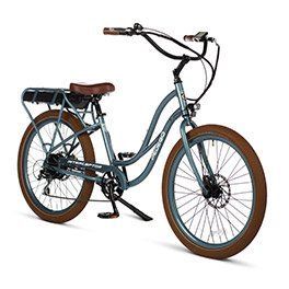 A blue electric bicycle with a brown tire on a white background.