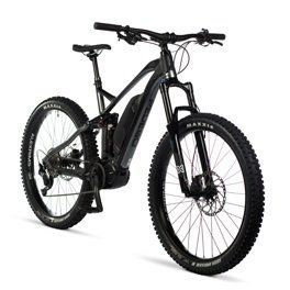 A black electric mountain bike is sitting on a white surface.