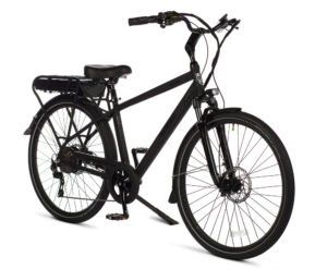 A black bicycle is sitting on a white surface.