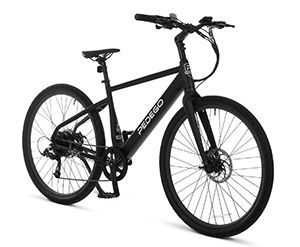 A black electric bike is sitting on a white surface.